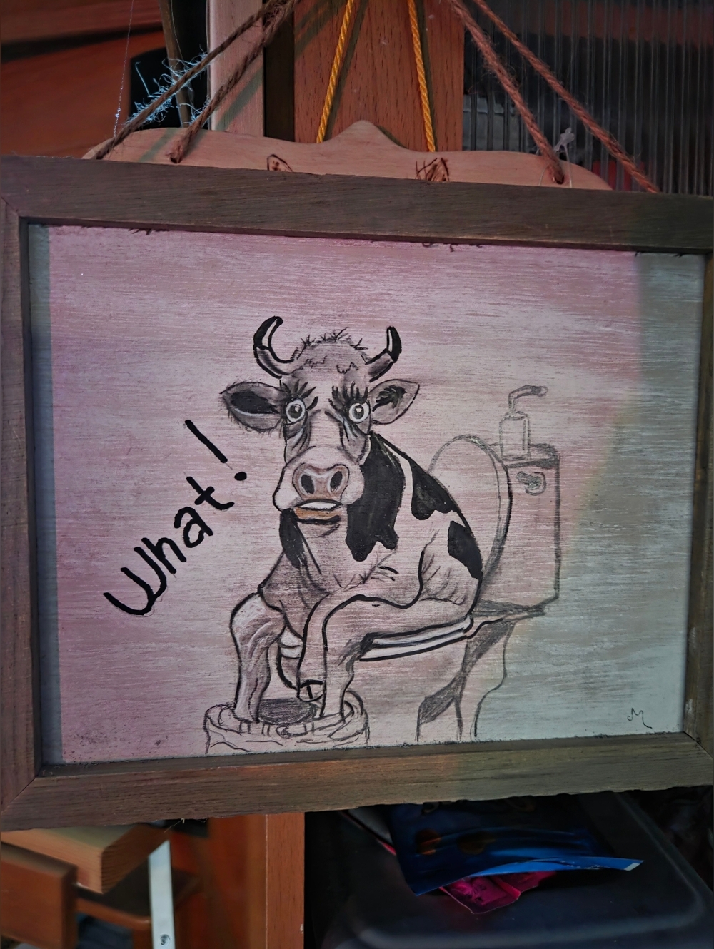 Framed 8x10 Hand Drawn Cow On The Toilet